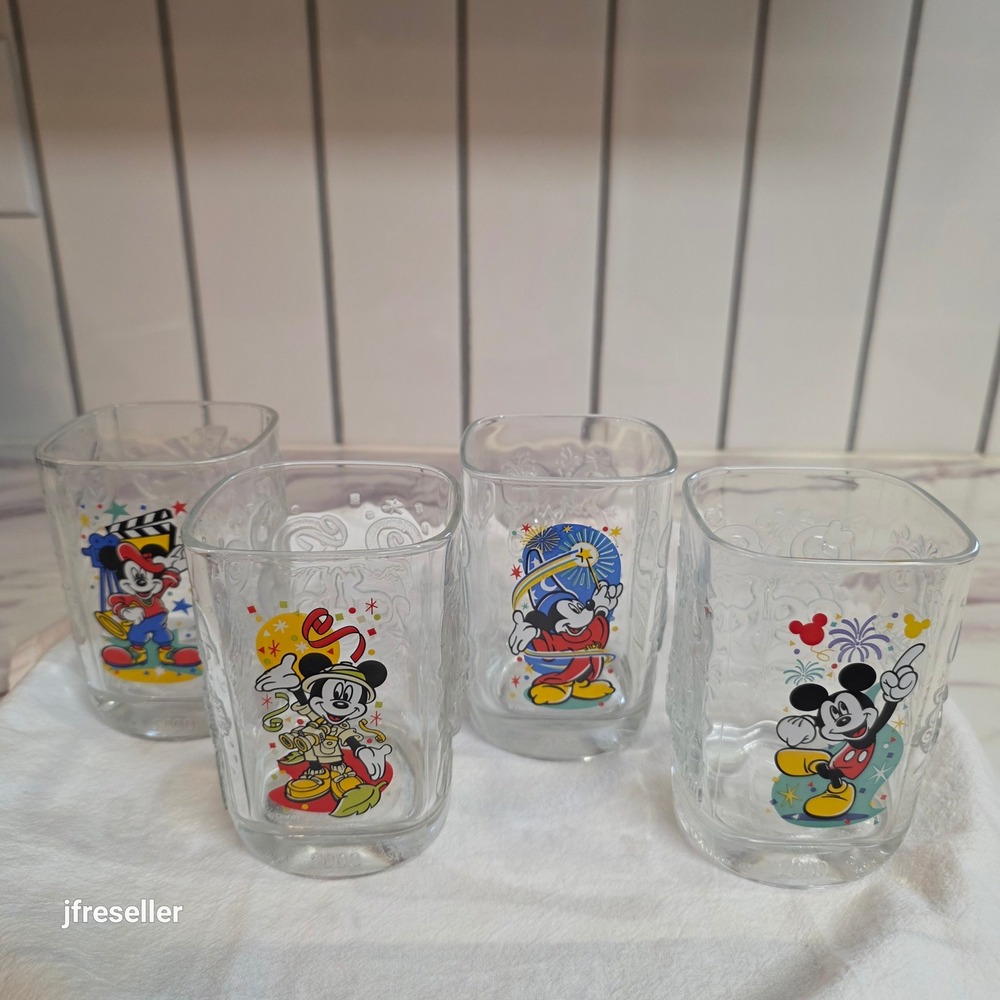 Disney World 2000 McDonald's Mickey Mouse Glass Cups Set of 4 Millennium Vintage
